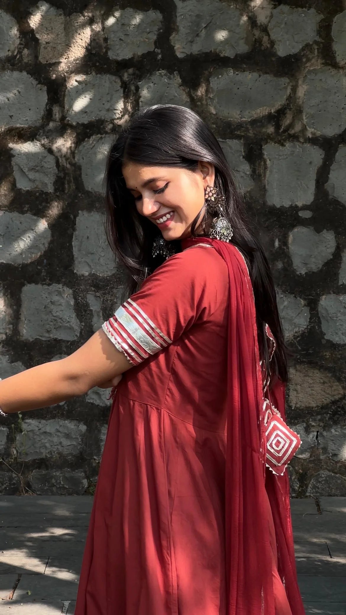 "Aradhana" - Rust Red Gota Border Anarkali Suit Set