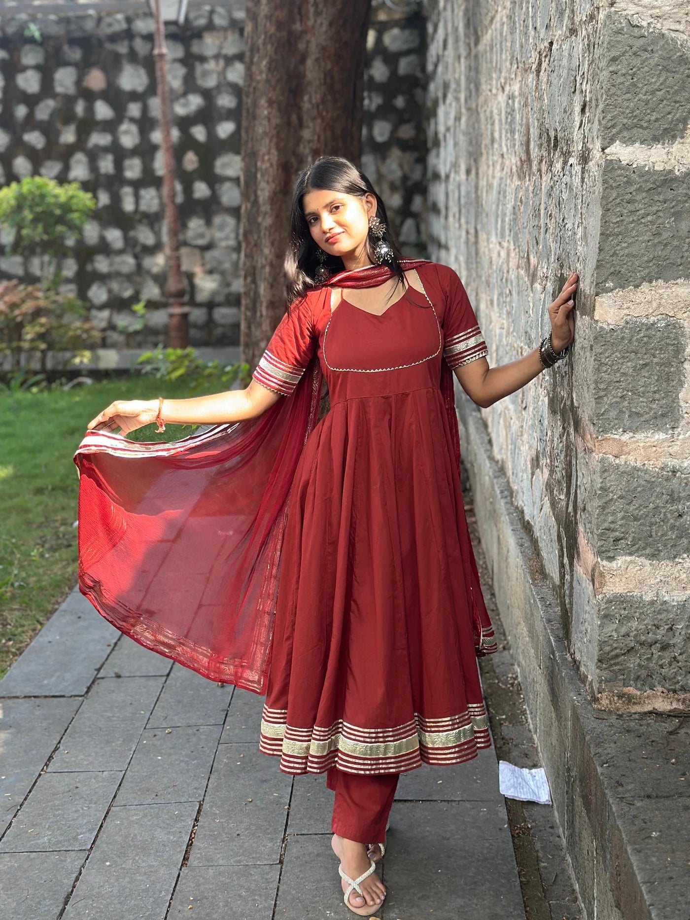 "Aradhana" - Rust Red Gota Border Anarkali Suit Set