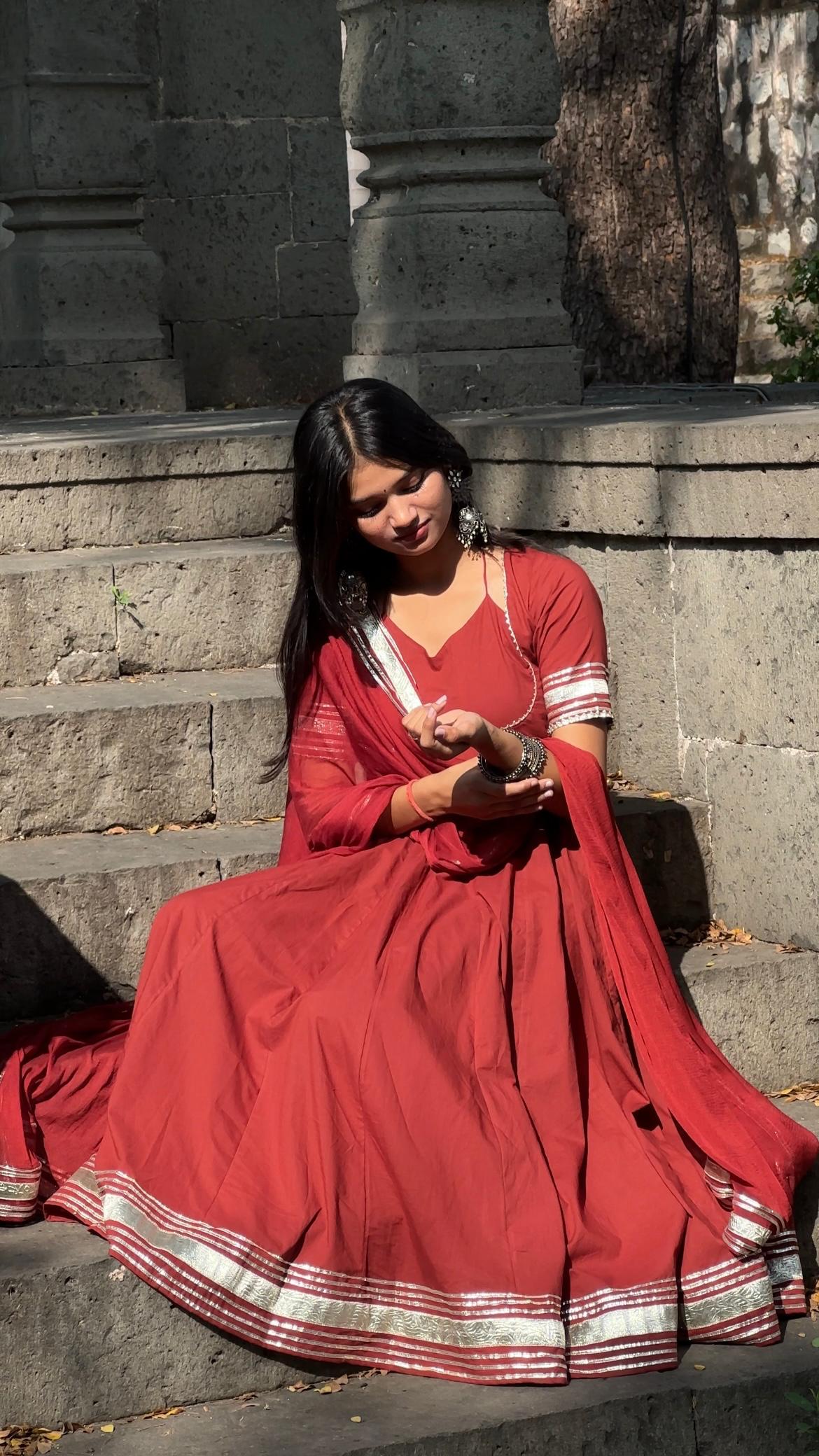 "Aradhana" - Rust Red Gota Border Anarkali Suit Set