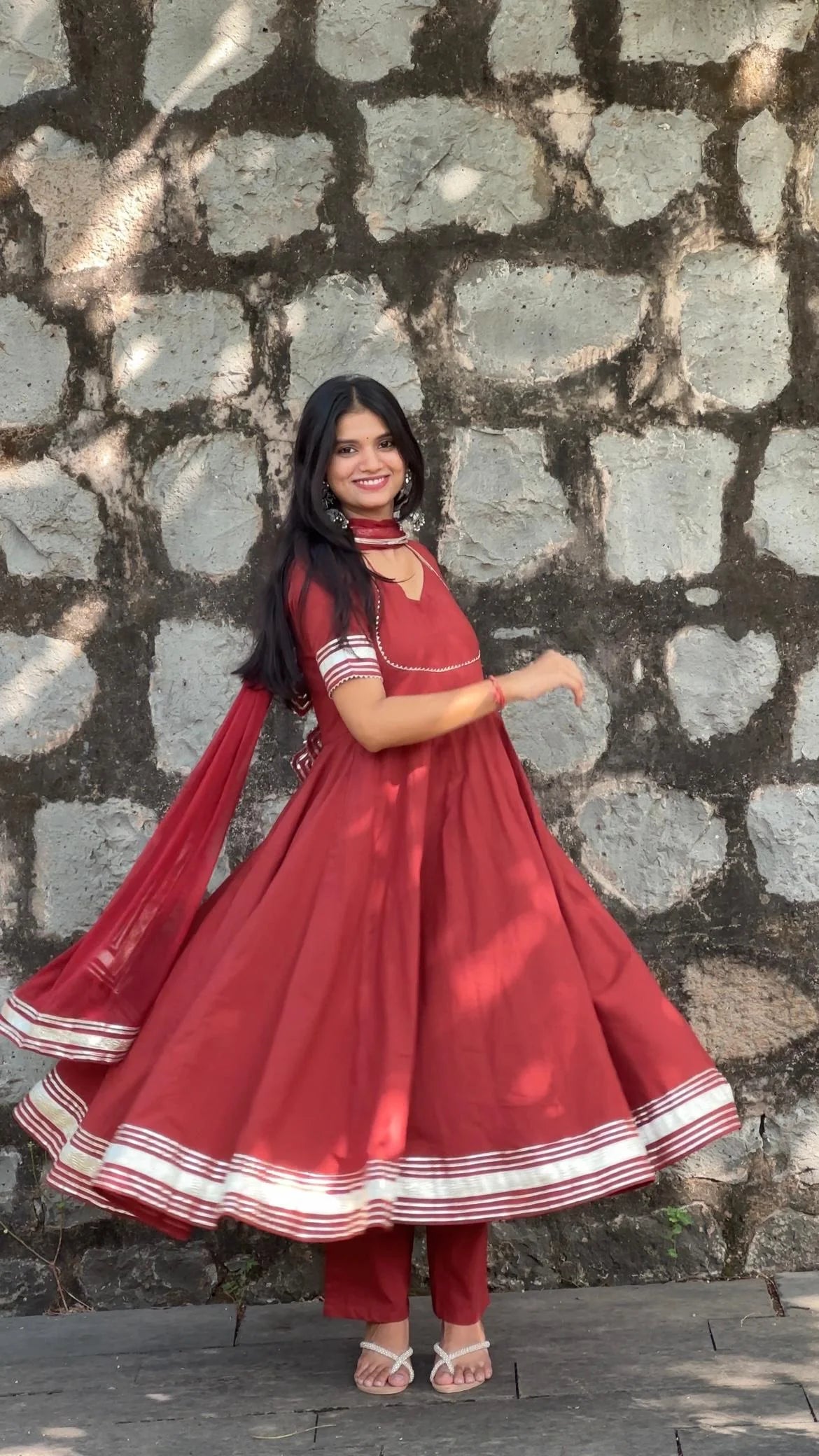 "Aradhana" - Rust Red Gota Border Anarkali Suit Set