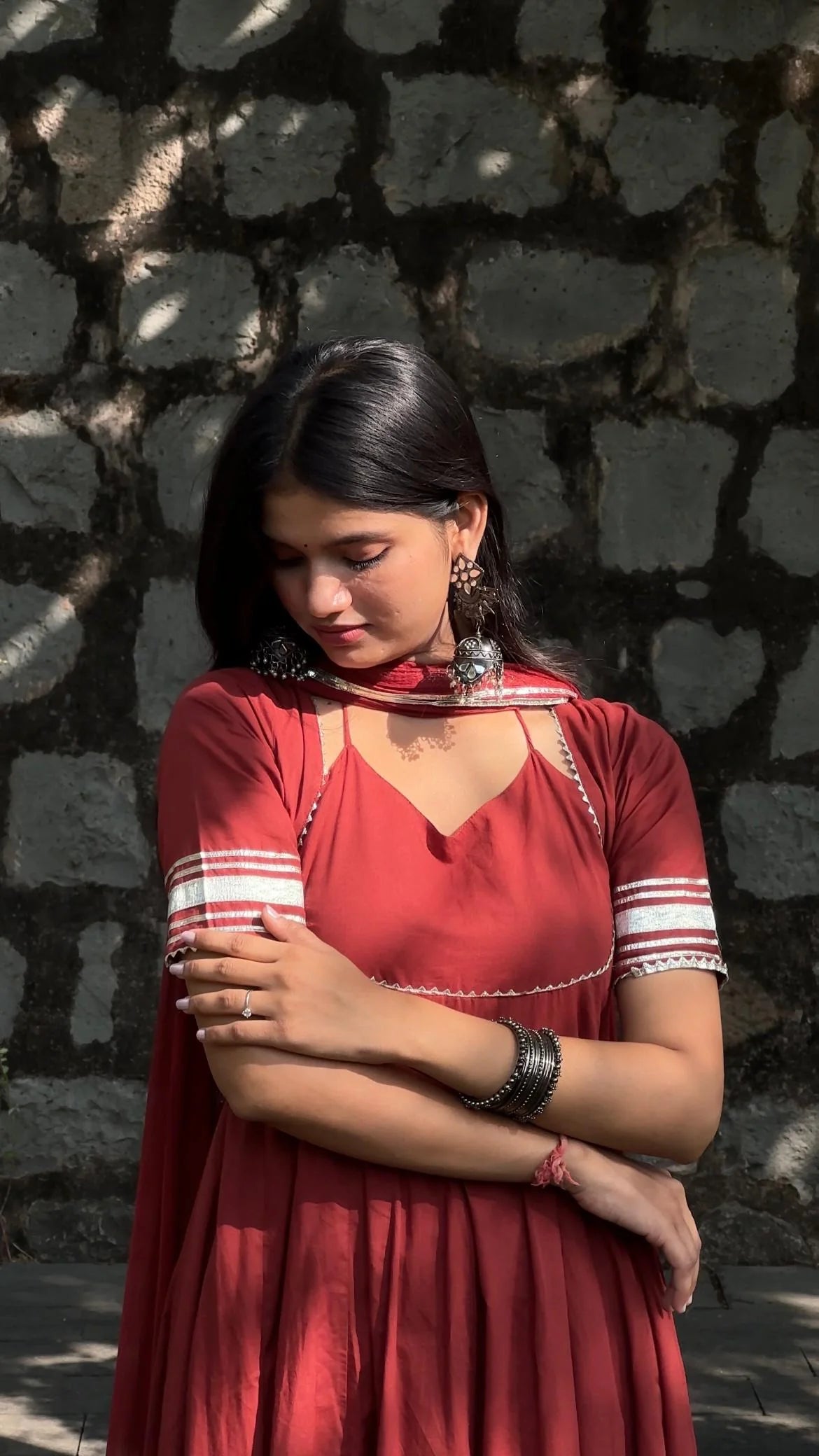 "Aradhana" - Rust Red Gota Border Anarkali Suit Set