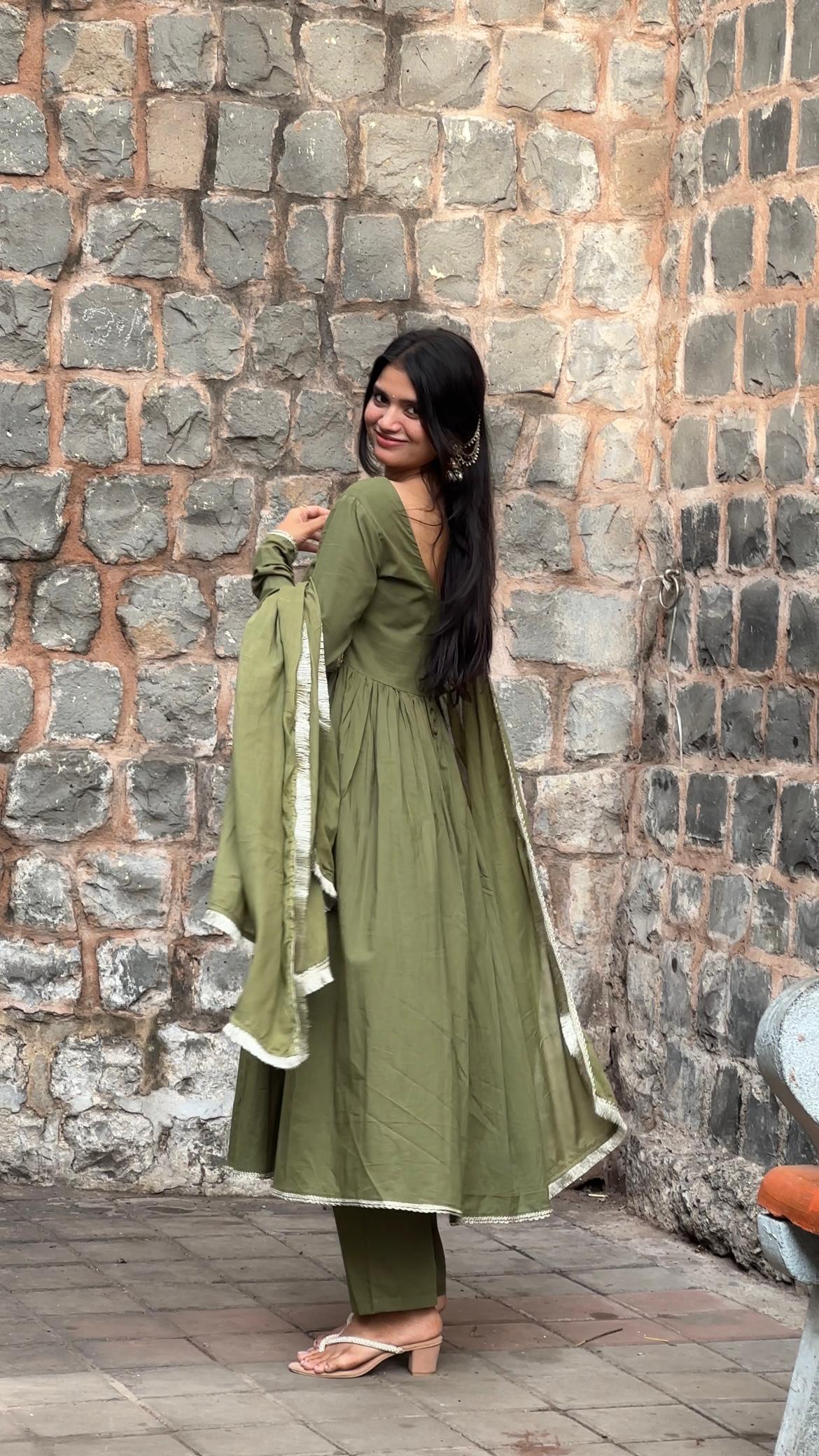 "Dhruvi" - Sage Green Cotton Anarkali Suit Set with Lace