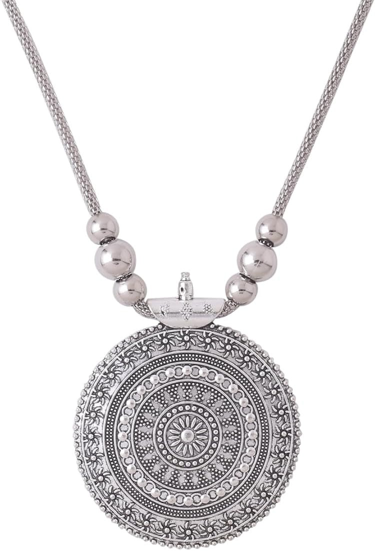 Silver necklace with a decorative pendant on a white background