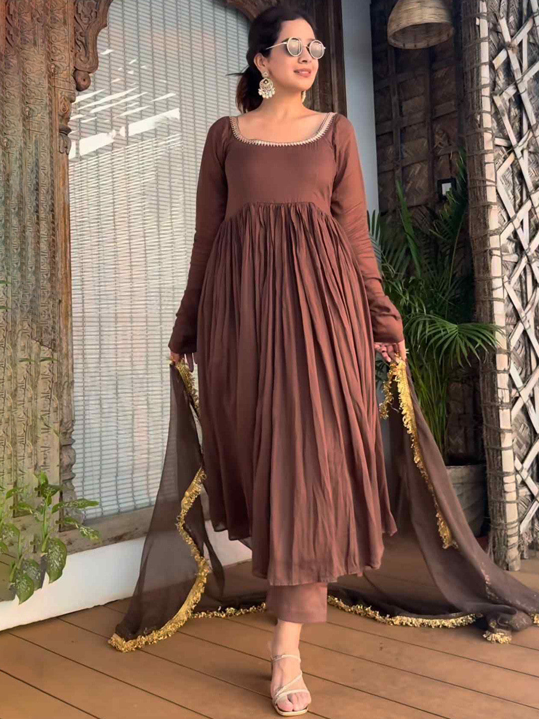 Aaradhya Coffee Brown Cotton Lined Kurta & Palazzo Set with Kota Doria Dupatta
