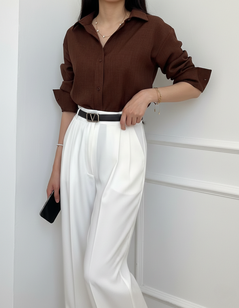 "Shanaya" — Chocolate Brown Shirt & White Trouser Set