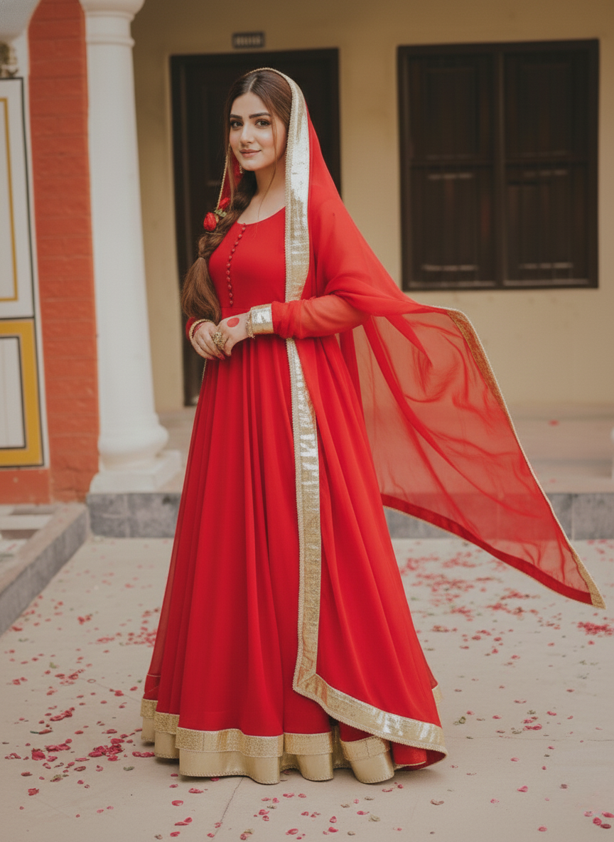 "Arushi" - Red Georgette Full Flare Anarkali Suit Set with Gold Gota