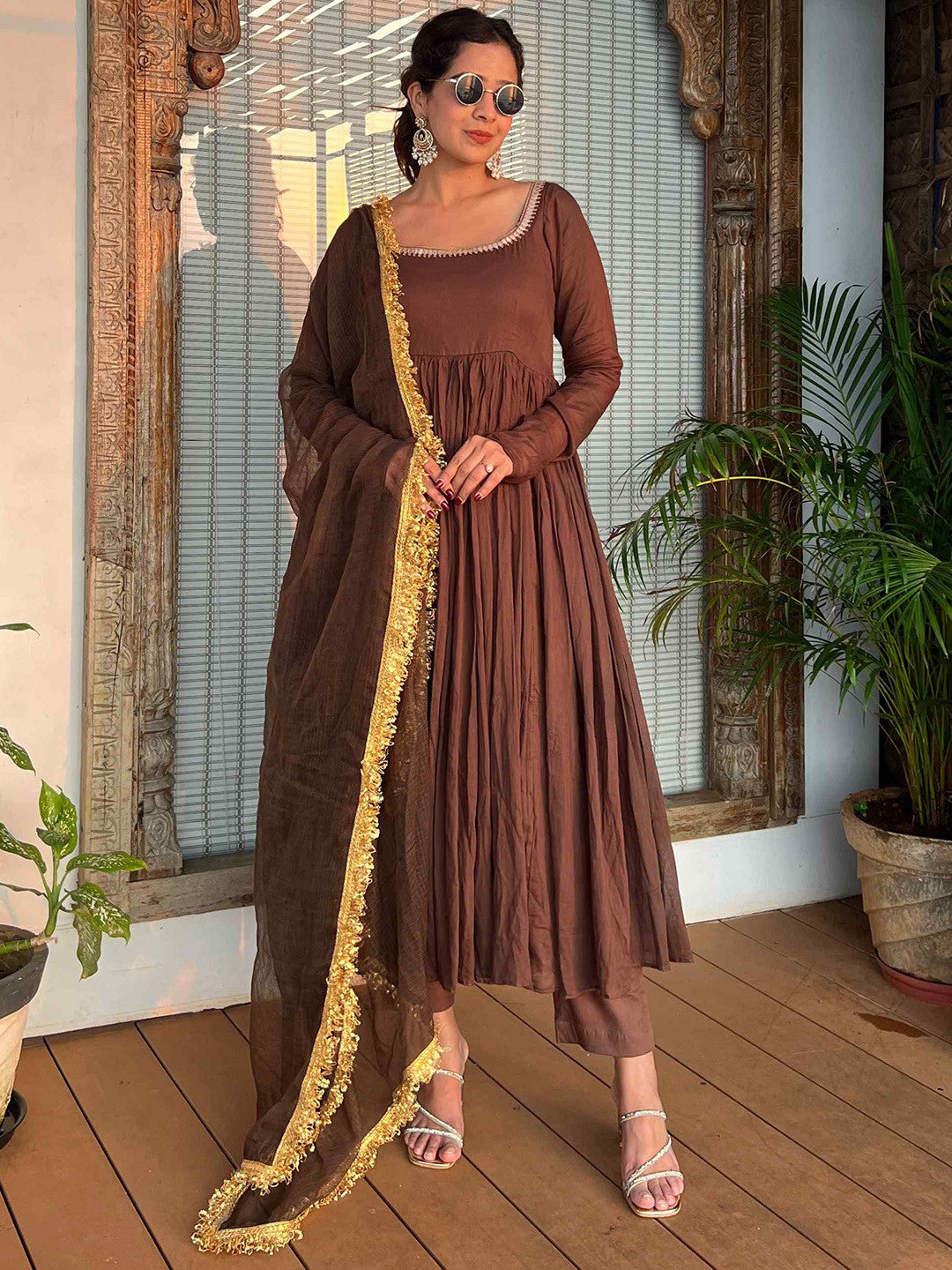 Aaradhya Coffee Brown Cotton Lined Kurta & Palazzo Set with Kota Doria Dupatta