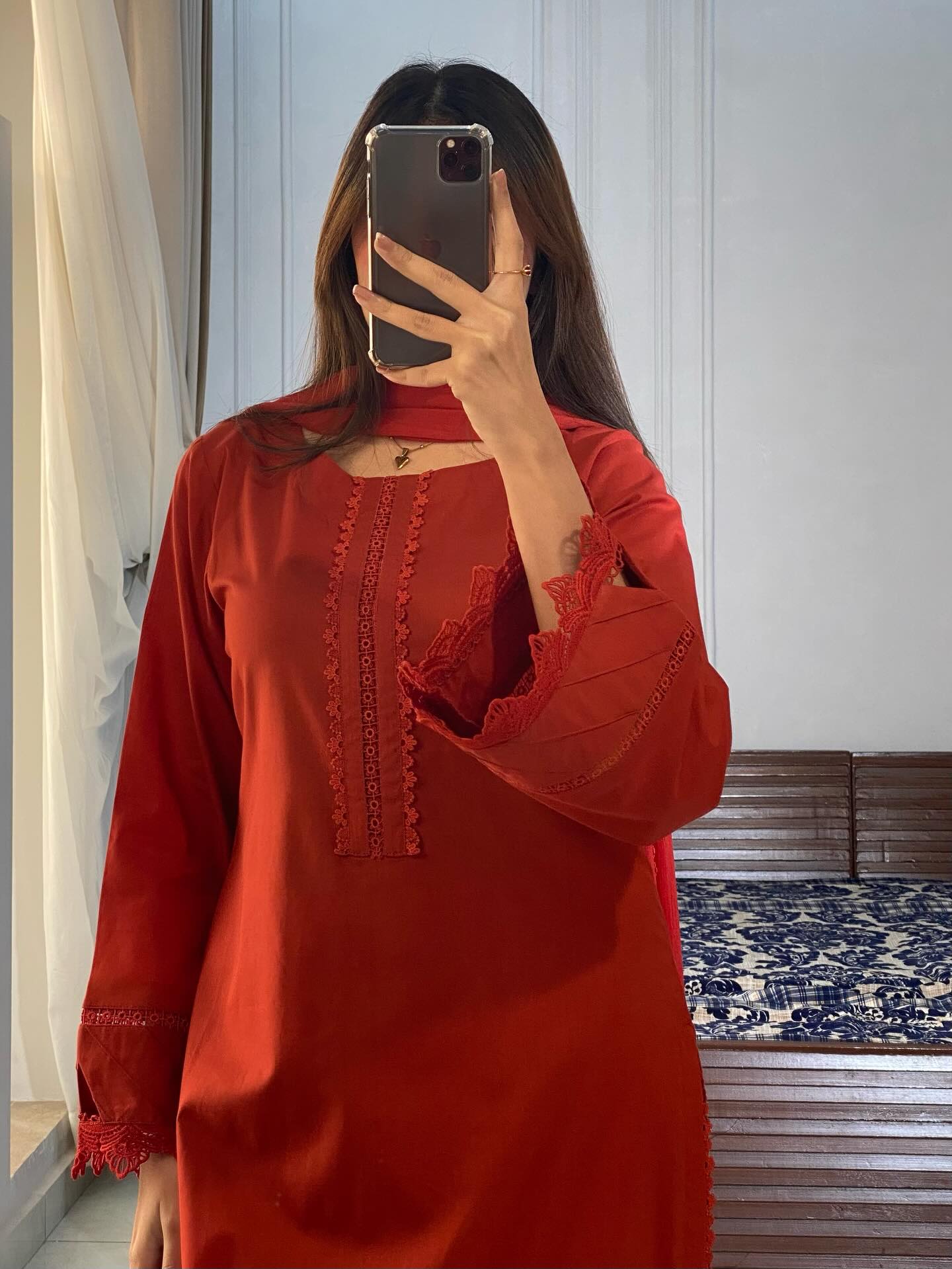 "Seher" — Crimson Red Cotton Dobby Monochromatic Suit Set