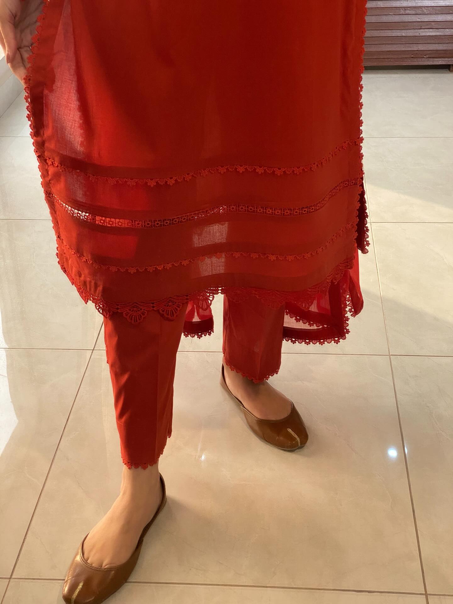 "Seher" — Crimson Red Cotton Dobby Monochromatic Suit Set