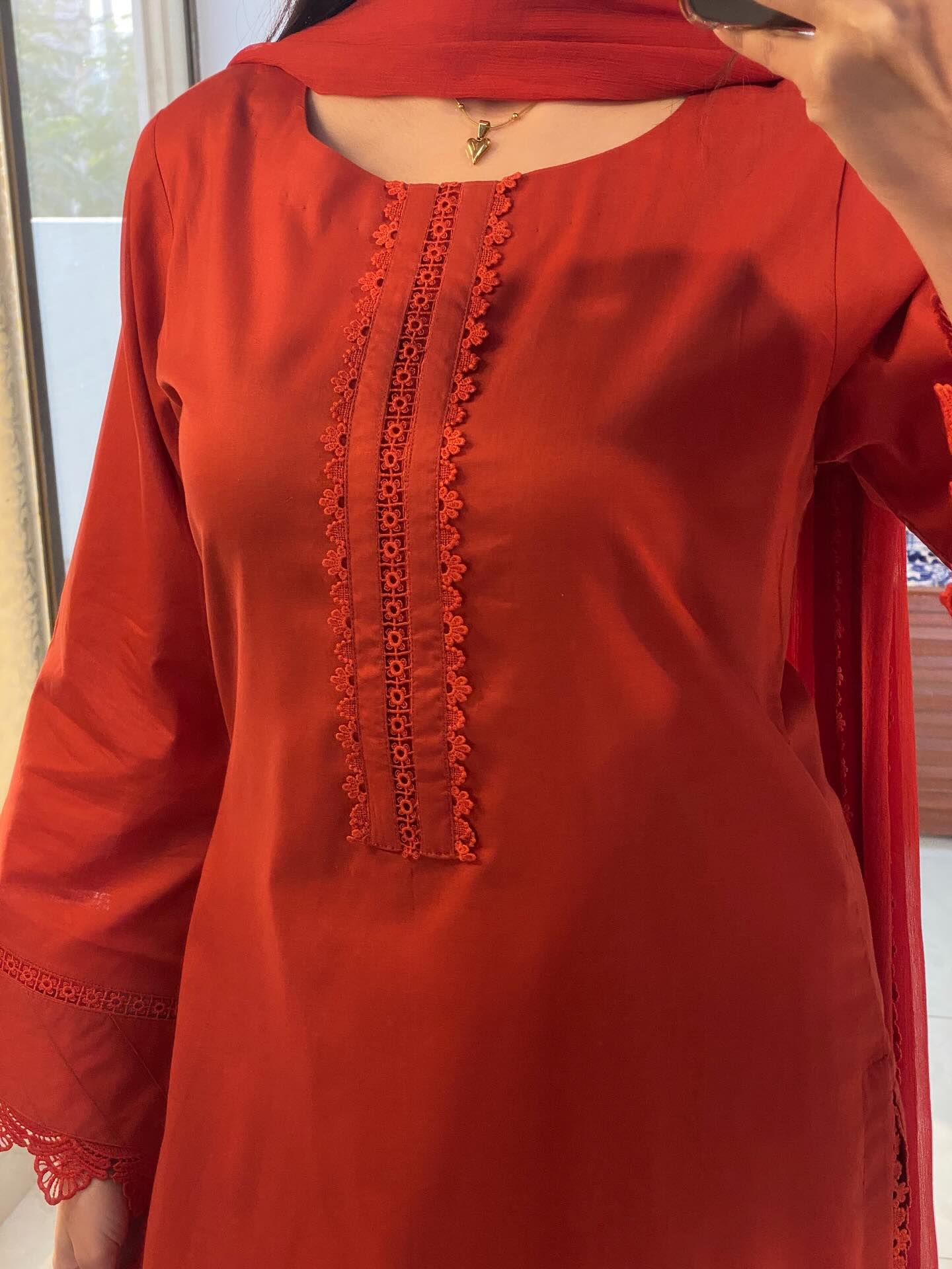 "Seher" — Crimson Red Cotton Dobby Monochromatic Suit Set