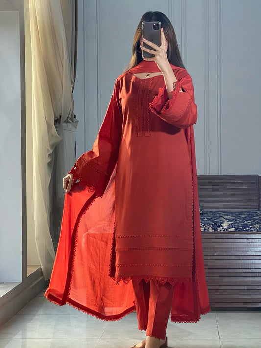 "Seher" — Crimson Red Cotton Dobby Monochromatic Suit Set