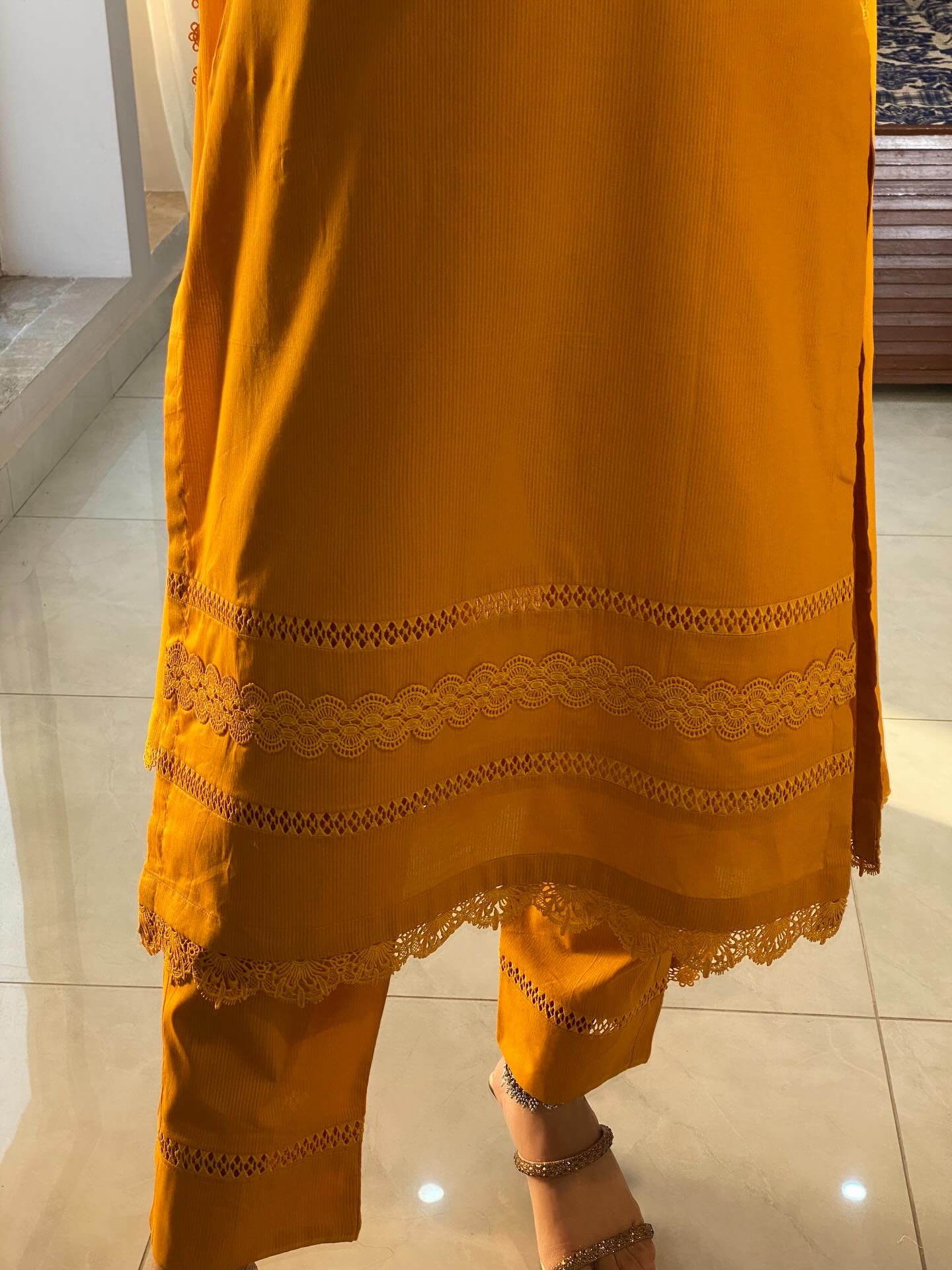 "Miraya" — Mustard Yellow Cotton Dobby Textured Suit Set