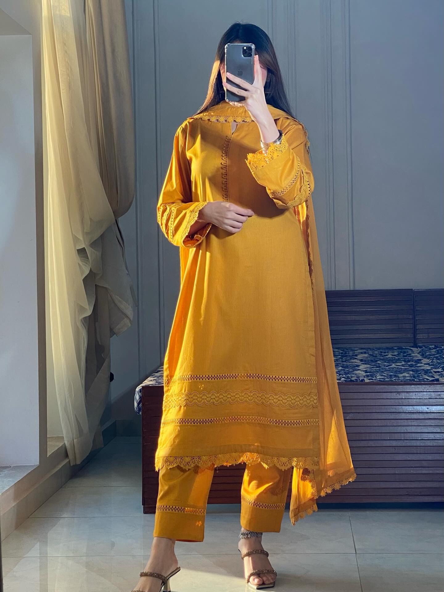 "Miraya" — Mustard Yellow Cotton Dobby Textured Suit Set