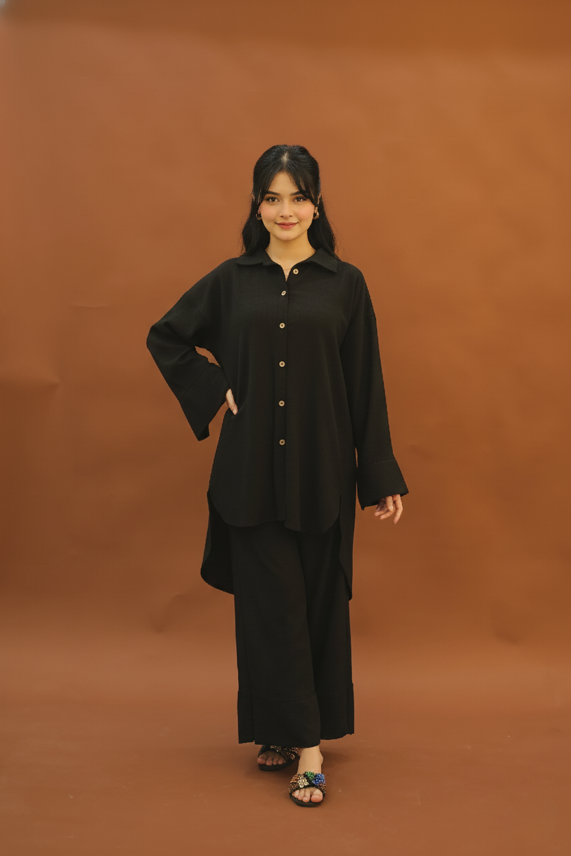 "Nura" – Midnight Black Premium Textured Co-ord Set with High-Low Tunic