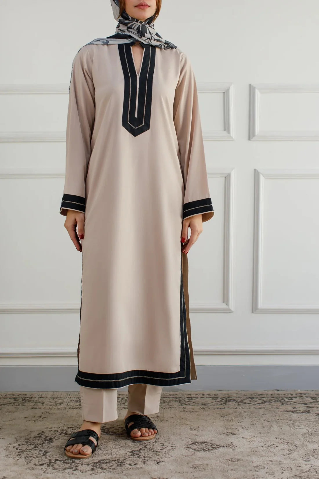 "Mehr" - Beige & Black Straight-Cut Kurta Set