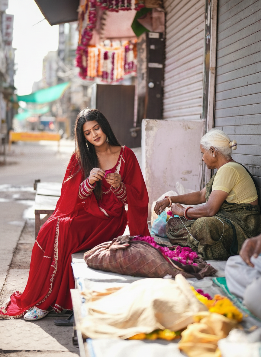 "Inaya" - Royal Red Roman Silk Festive Suit Set