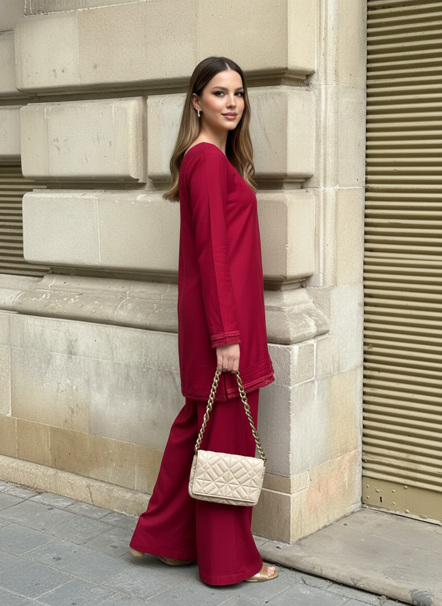 "Ruby" – Deep Red Premium Rayon Co-ord Set with Ivory Contrast Dupatta