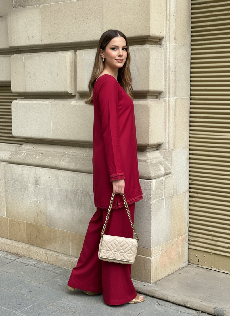 "Ruby" – Deep Red Premium Rayon Co-ord Set with Ivory Contrast Dupatta