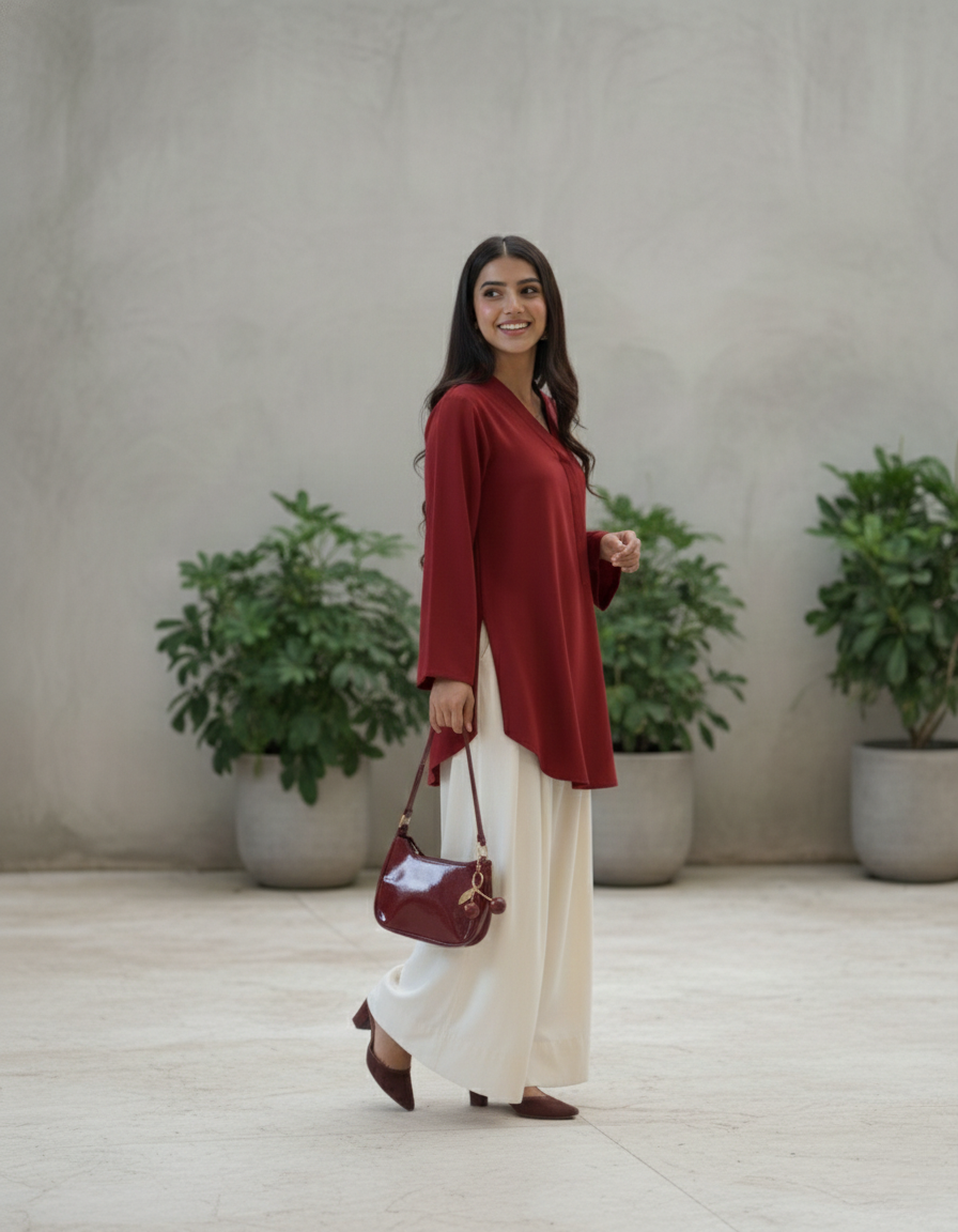 "Sia" — Crimson Red Premium Rayon Minimalist Co-ord Set