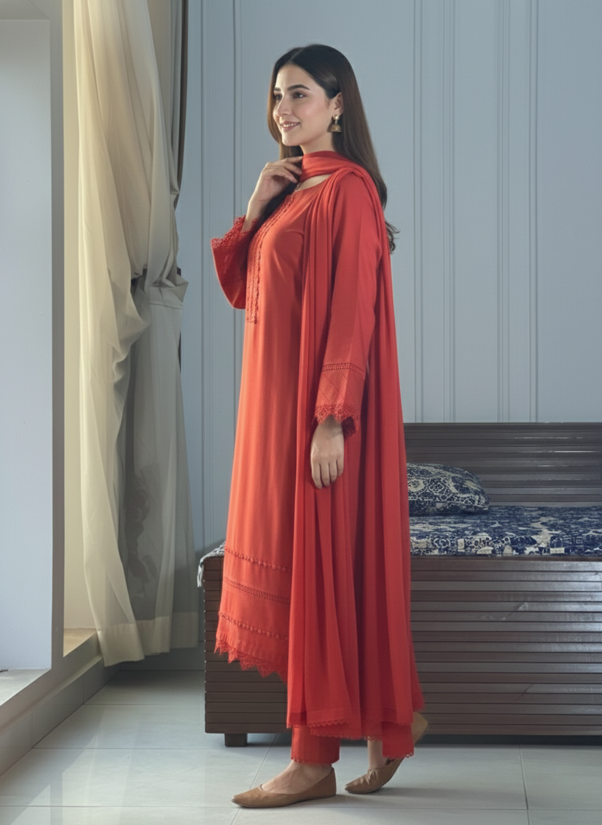 "Seher" — Crimson Red Cotton Dobby Monochromatic Suit Set