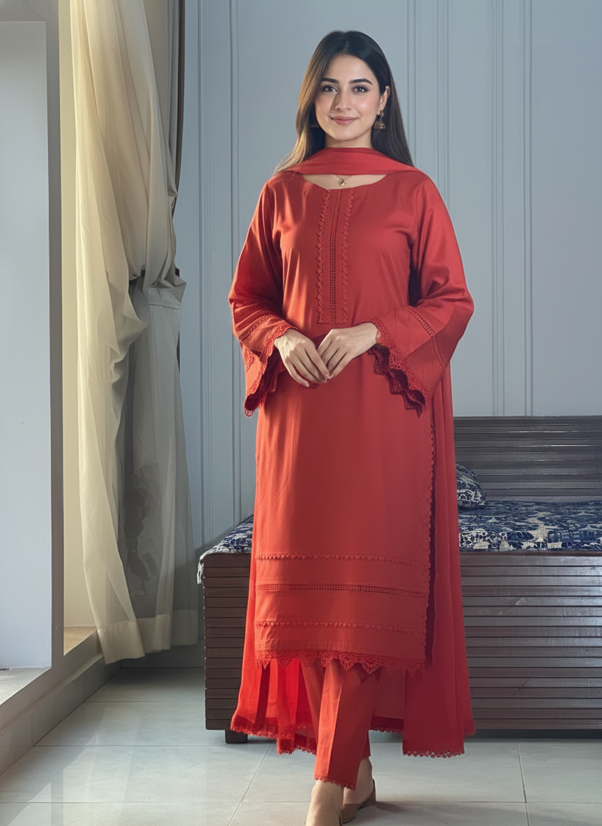 "Seher" — Crimson Red Cotton Dobby Monochromatic Suit Set