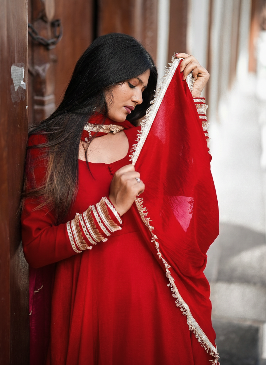 "Inaya" - Royal Red Roman Silk Festive Suit Set