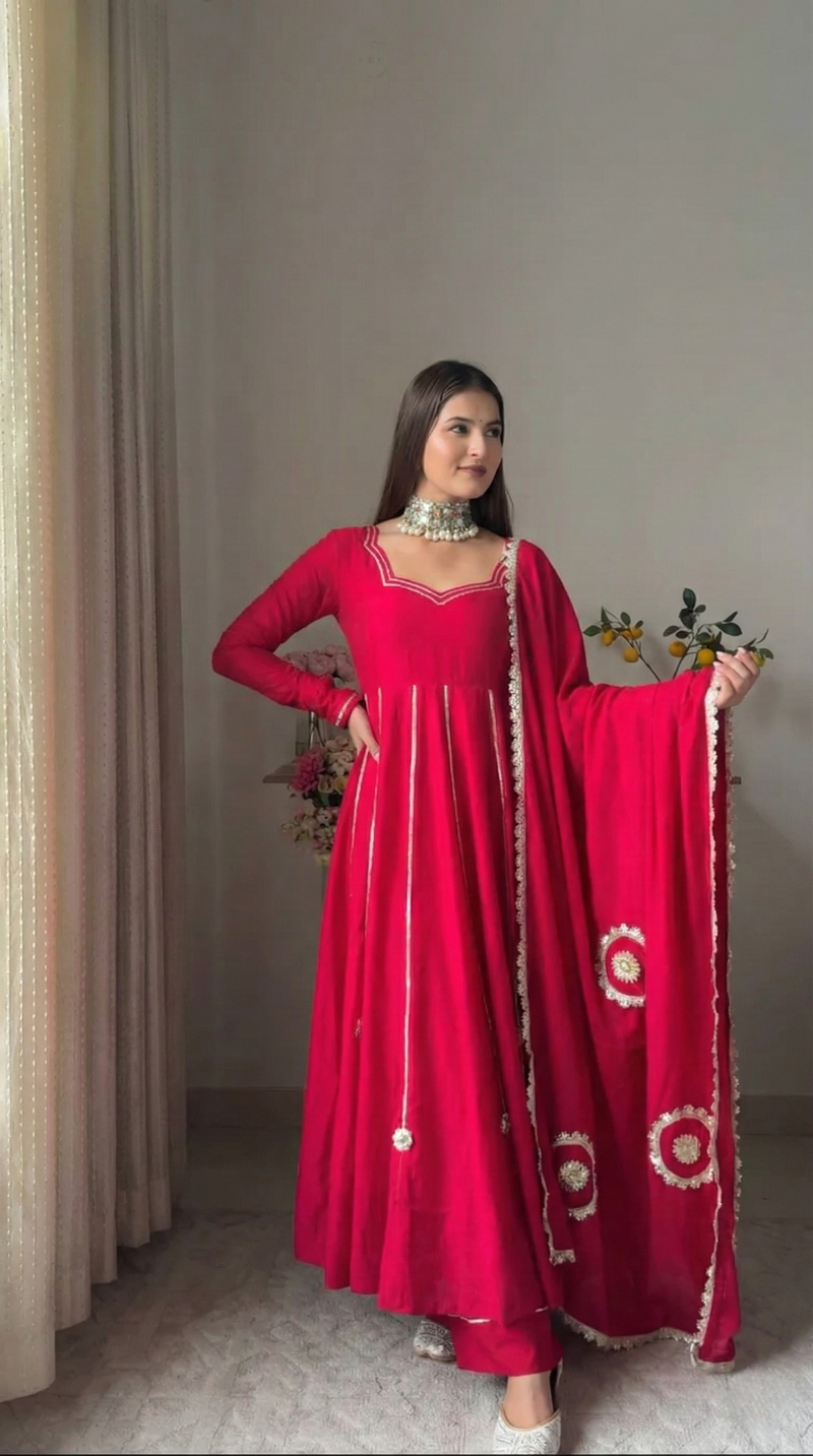"Jyotsna" - Vibrant Red Full Flare Anarkali Suit Set with Gold Gota