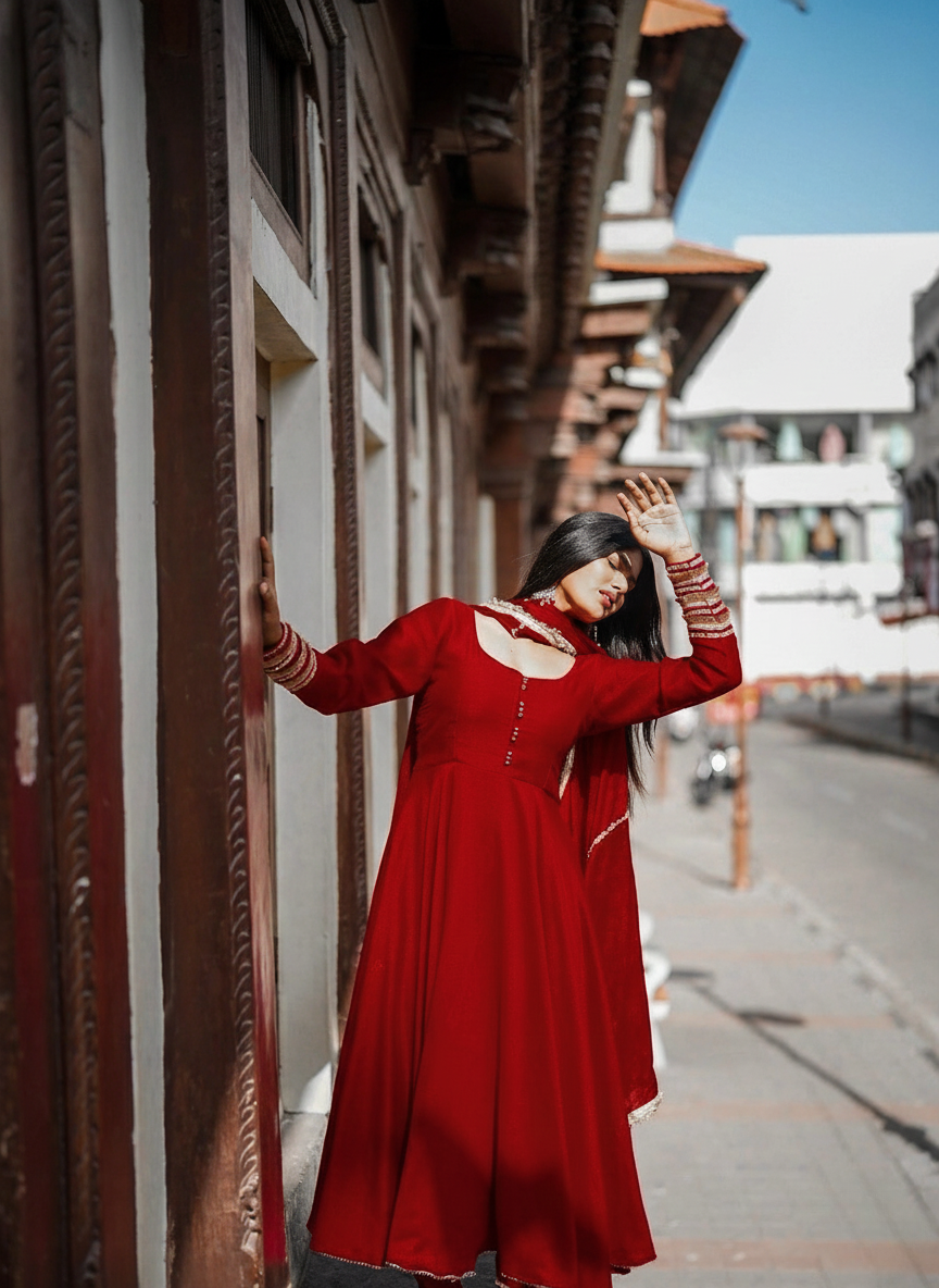 "Inaya" - Royal Red Roman Silk Festive Suit Set