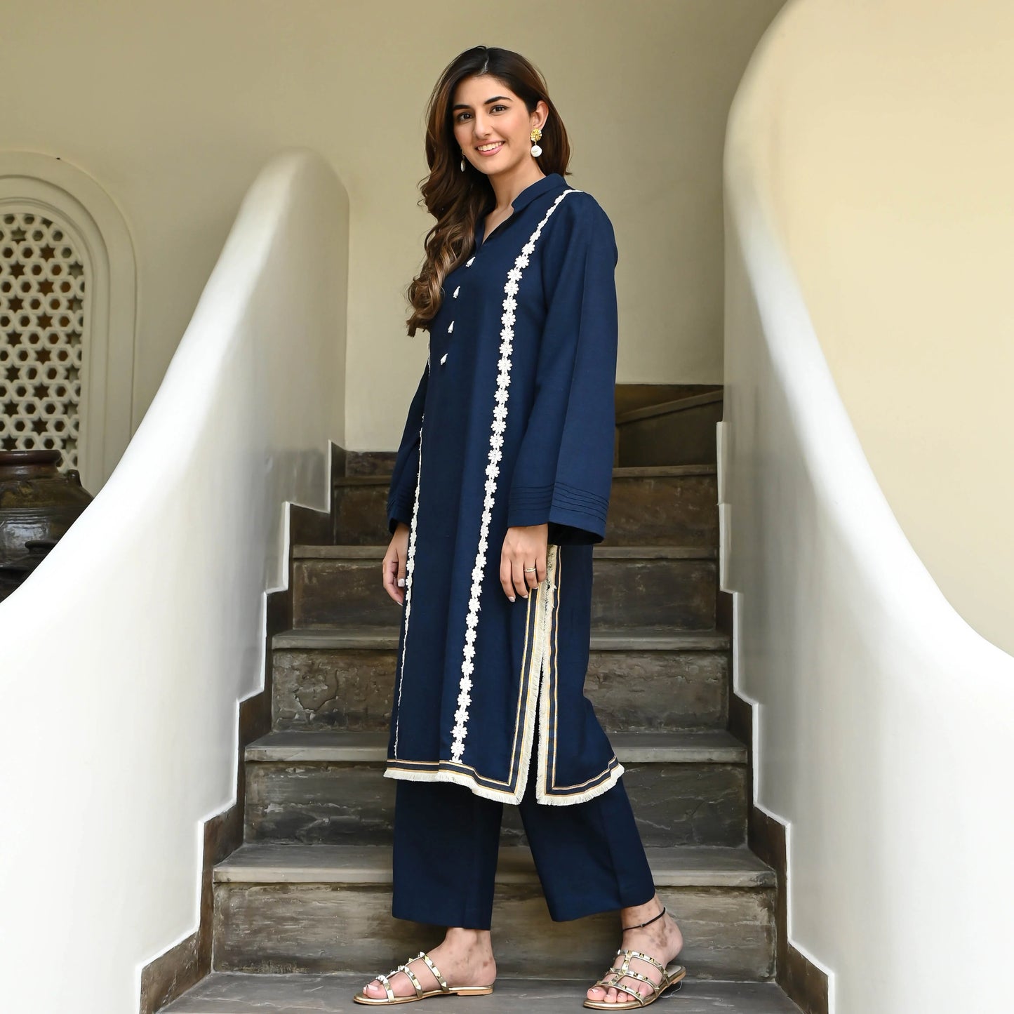 Vaidehi Navy Cotton Kurta Set with Daisy Lace Accents