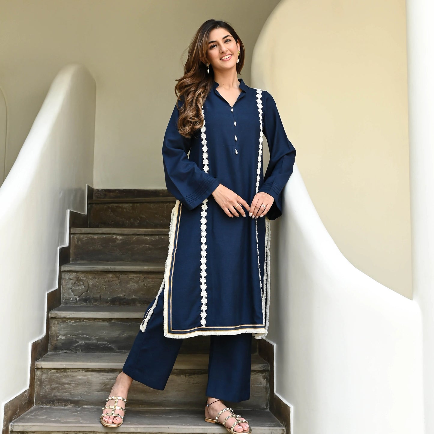 Vaidehi Navy Cotton Kurta Set with Daisy Lace Accents
