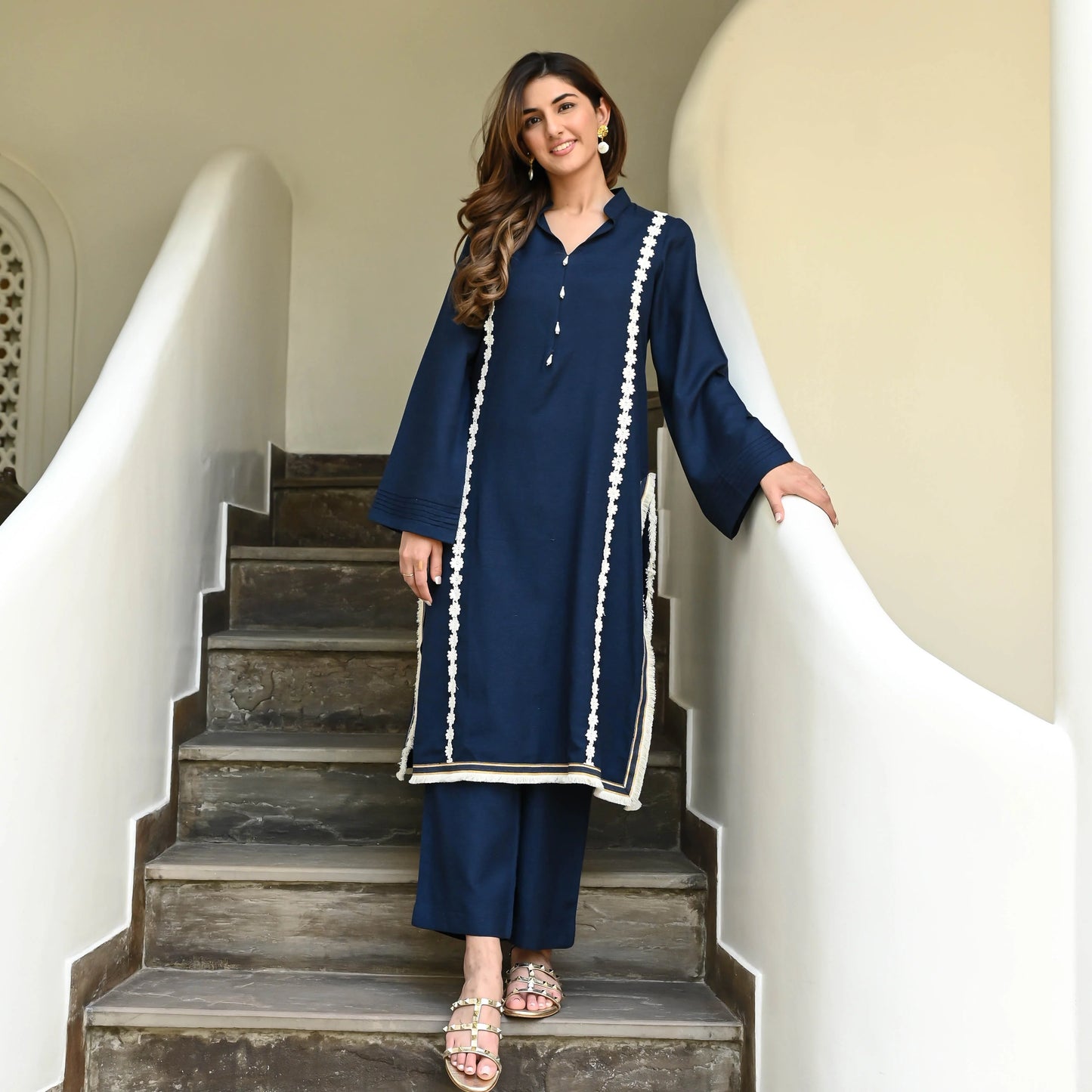 Vaidehi Navy Cotton Kurta Set with Daisy Lace Accents