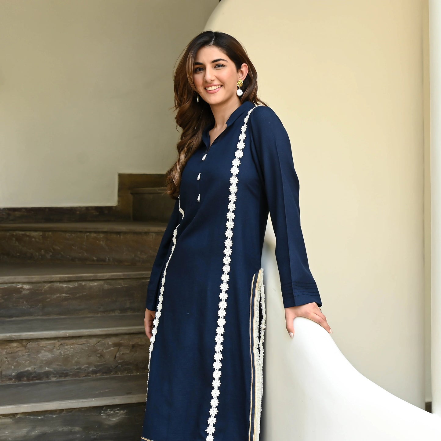 Vaidehi Navy Cotton Kurta Set with Daisy Lace Accents