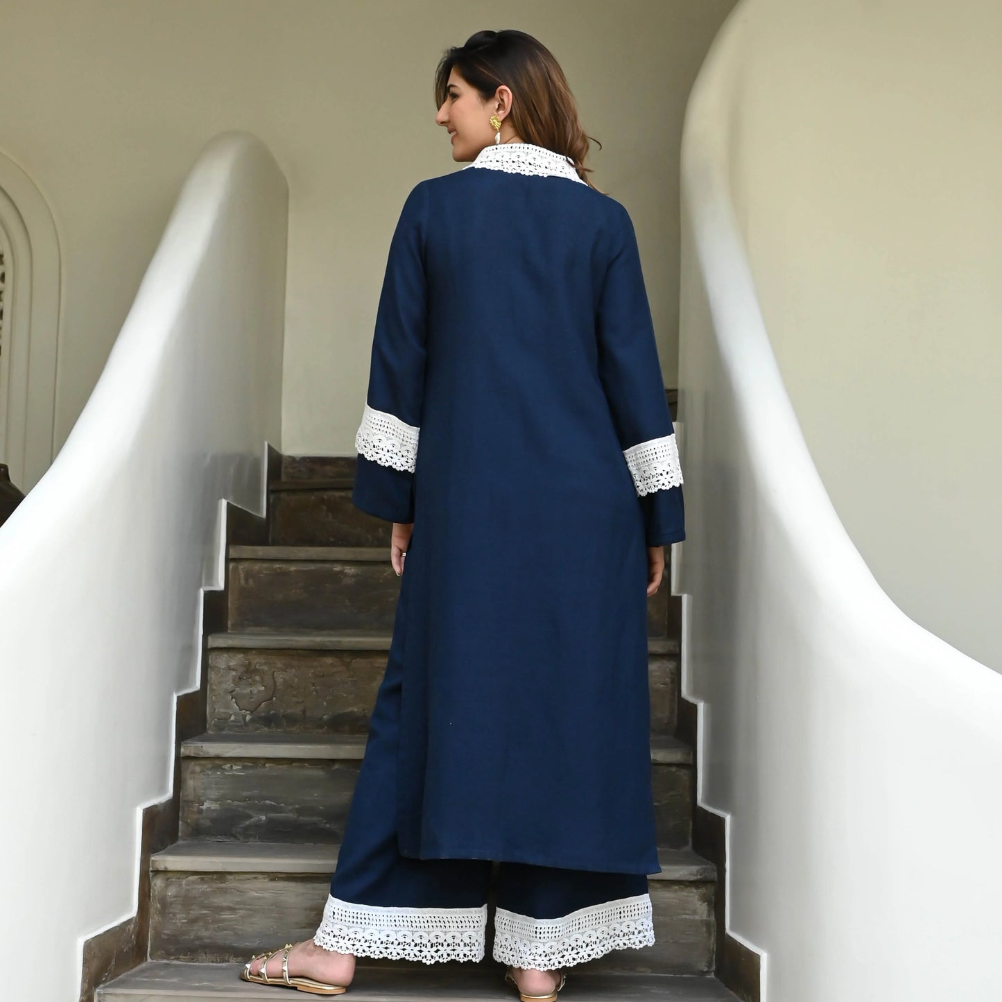 Nayra Navy Cotton Flex Co-ord Set with Lace Collar & Cuff