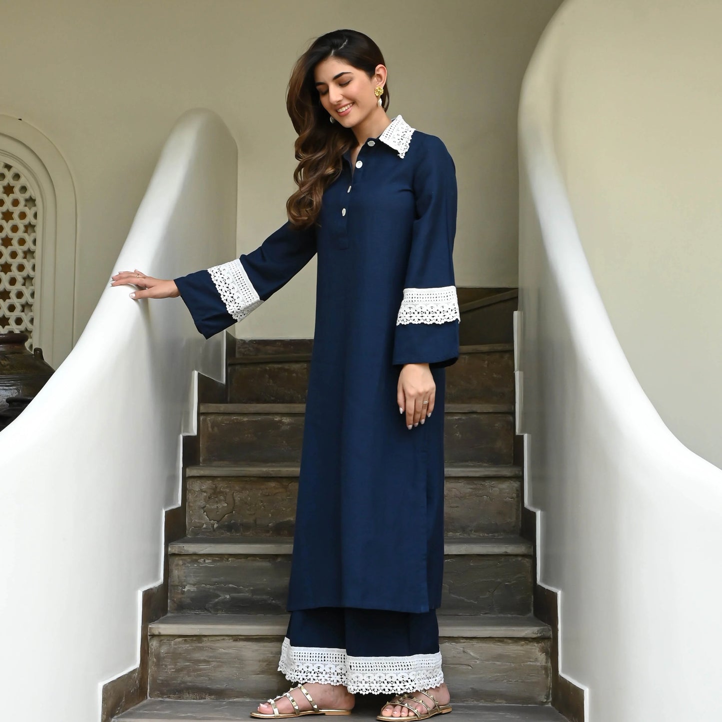 Nayra Navy Cotton Flex Co-ord Set with Lace Collar & Cuff