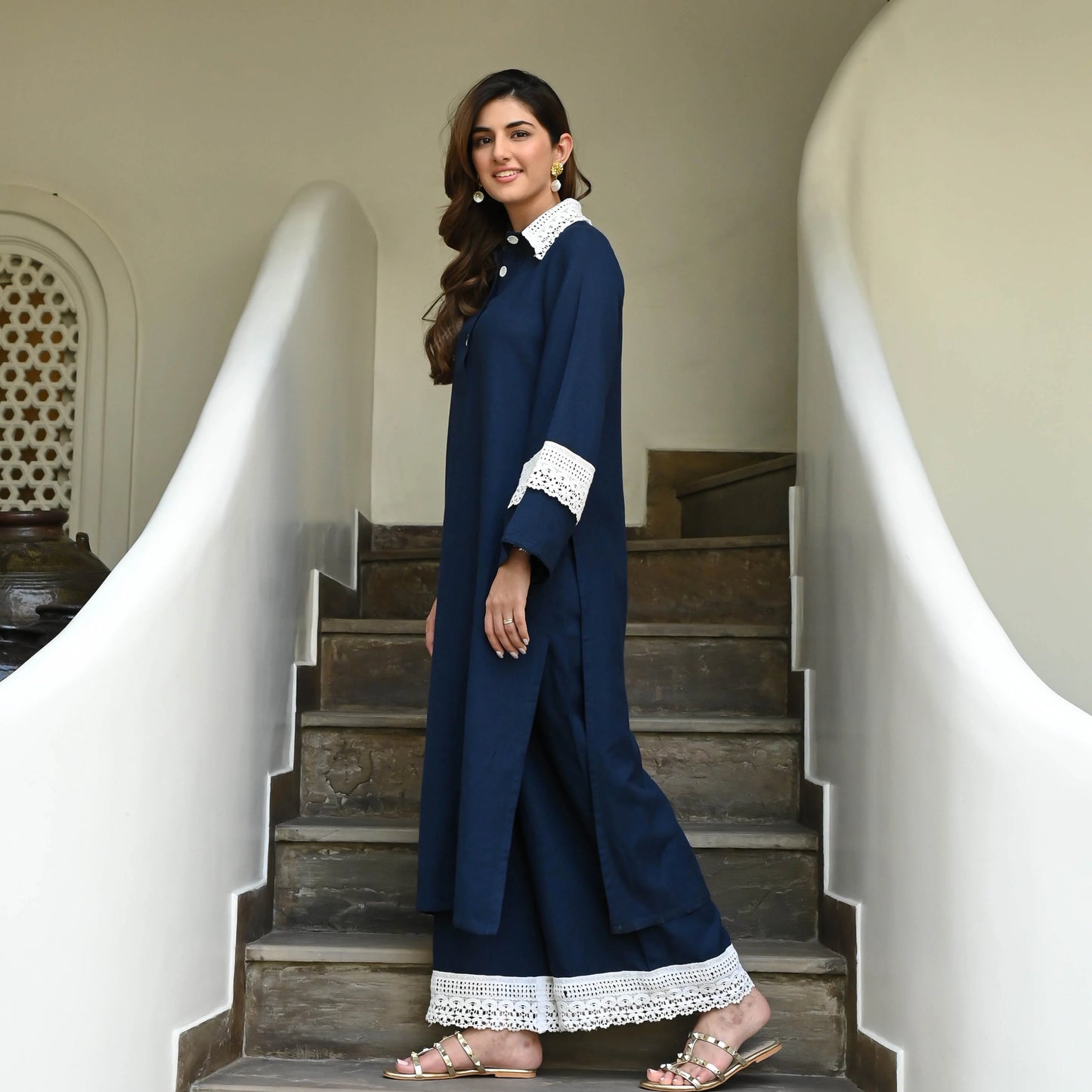 Nayra Navy Cotton Flex Co-ord Set with Lace Collar & Cuff