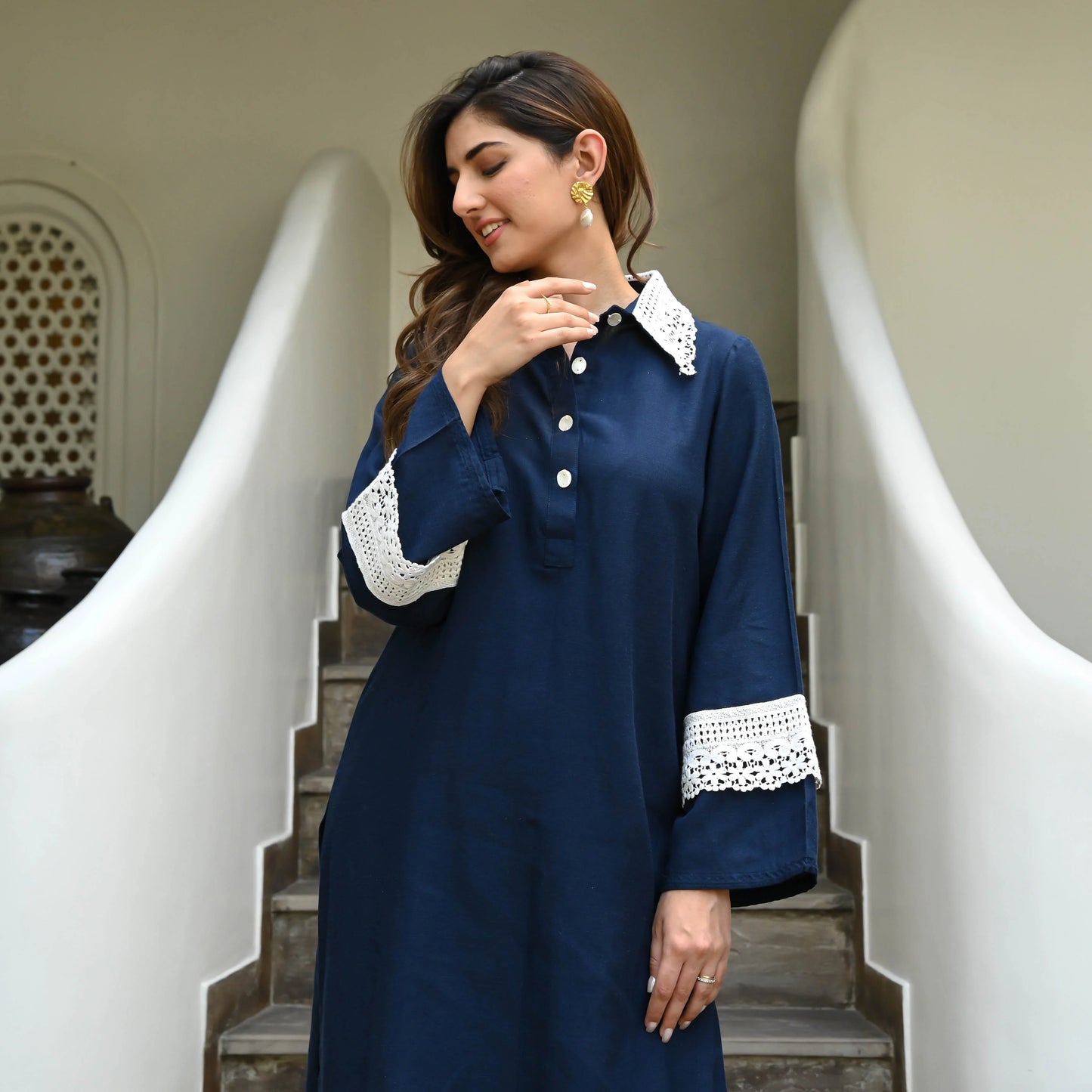 Nayra Navy Cotton Flex Co-ord Set with Lace Collar & Cuff