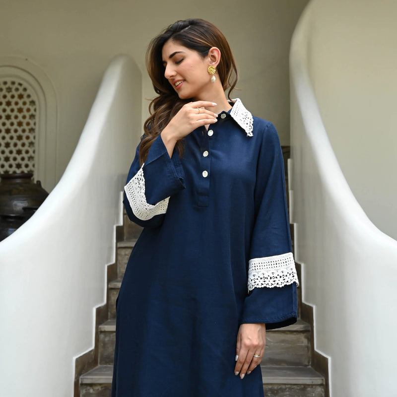 Nayra Navy Cotton Flex Co-ord Set with Lace Collar & Cuff