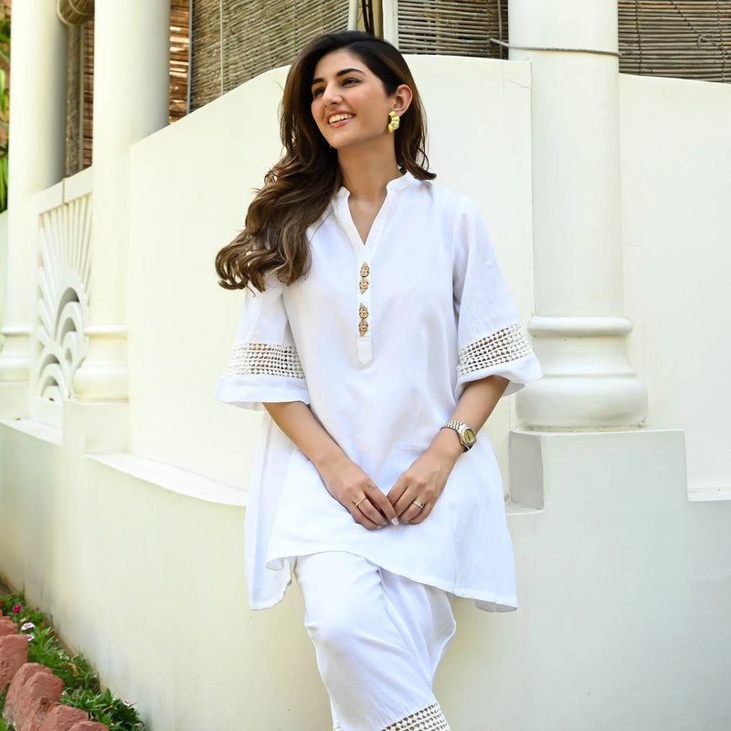 Shanvi White Cotton Flex Co-ord Set with Lace Accents