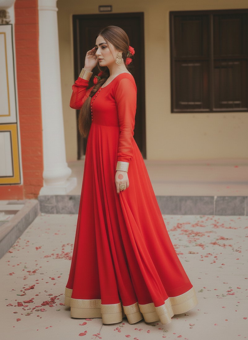 "Arushi" - Red Georgette Full Flare Anarkali Suit Set with Gold Gota