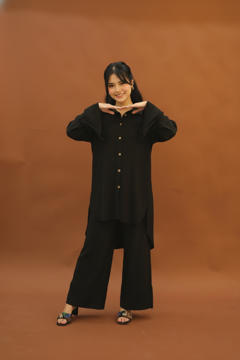 "Nura" – Midnight Black Premium Textured Co-ord Set with High-Low Tunic