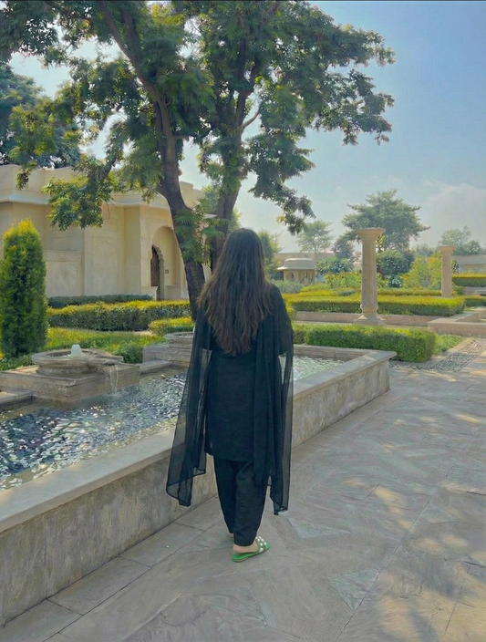 "Tamasi" - Black Georgette Full Flare Anarkali Suit Set with Gold Gota