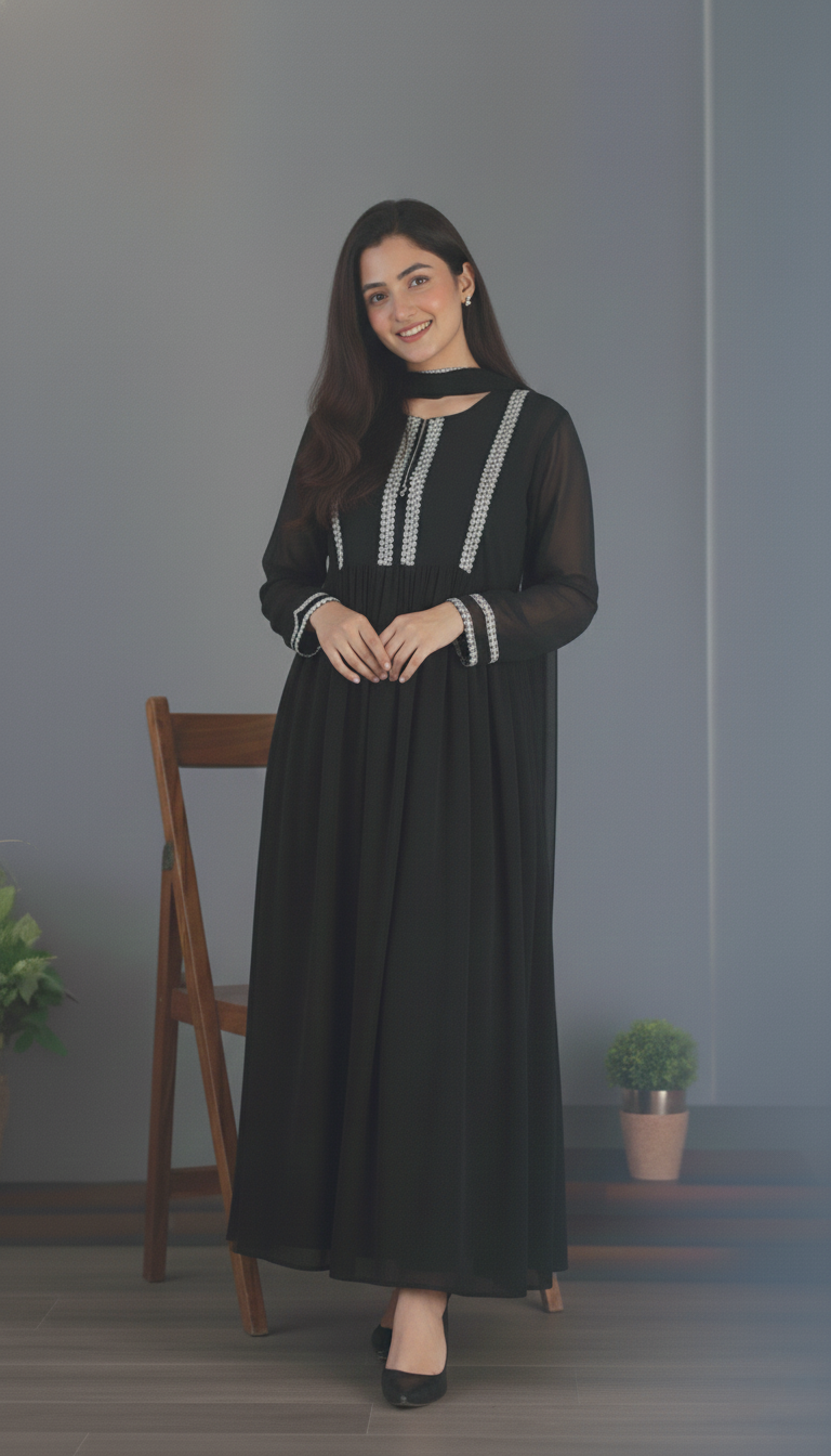 "Shyamaa" - Black Georgette Suit Set with Contrast Threadwork