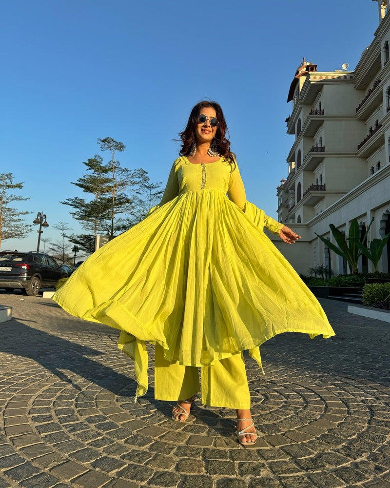 Ishya Lemon Yellow Cotton Lined Kurta & Palazzo Set with Kota Doria Dupatta