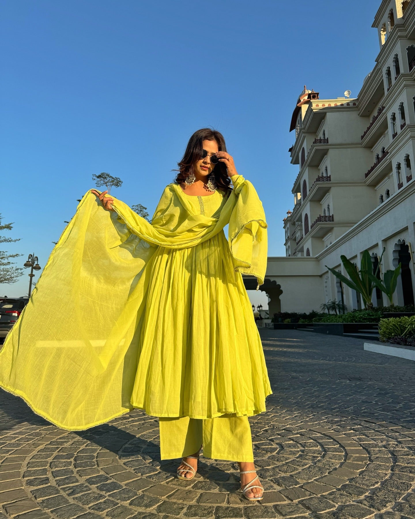 Ishya Lemon Yellow Cotton Lined Kurta & Palazzo Set with Kota Doria Dupatta