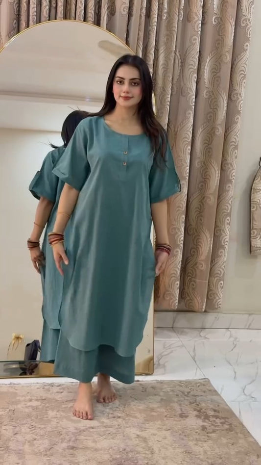 Front view of straight kurta with wide-leg palazzo co-ord set