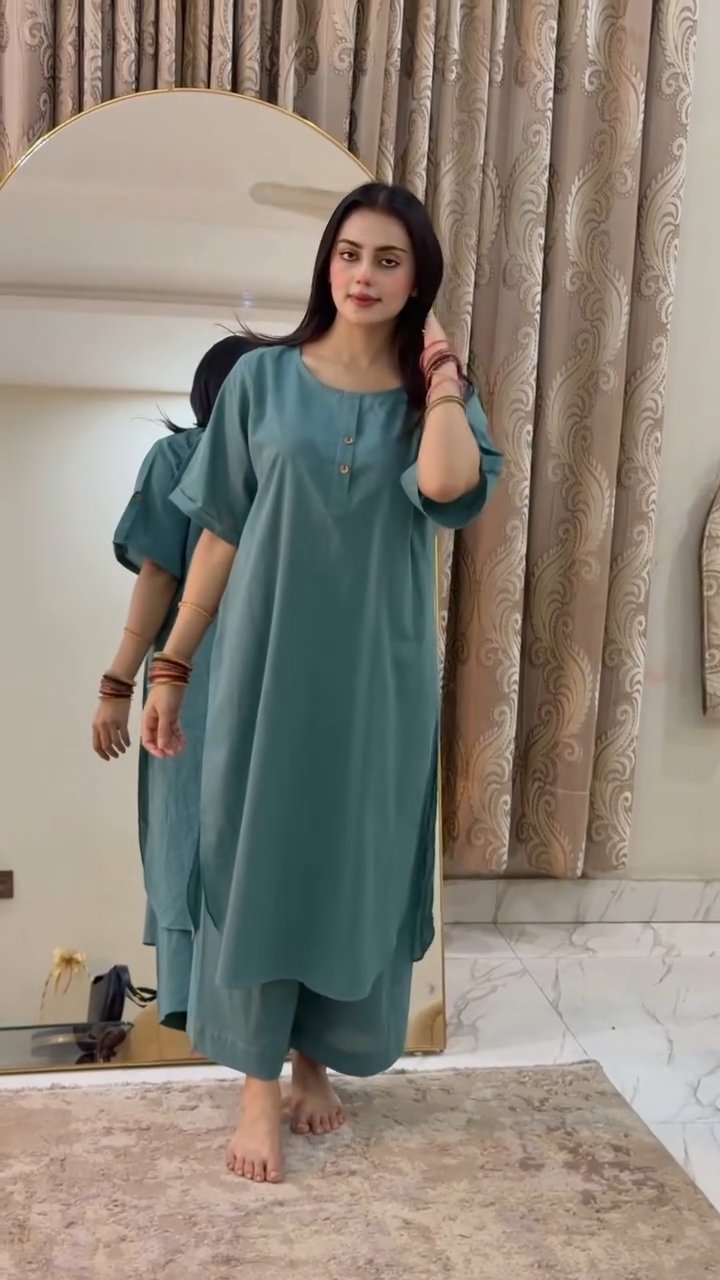 Sage green minimal co-ord set with straight kurta and palazzo pants