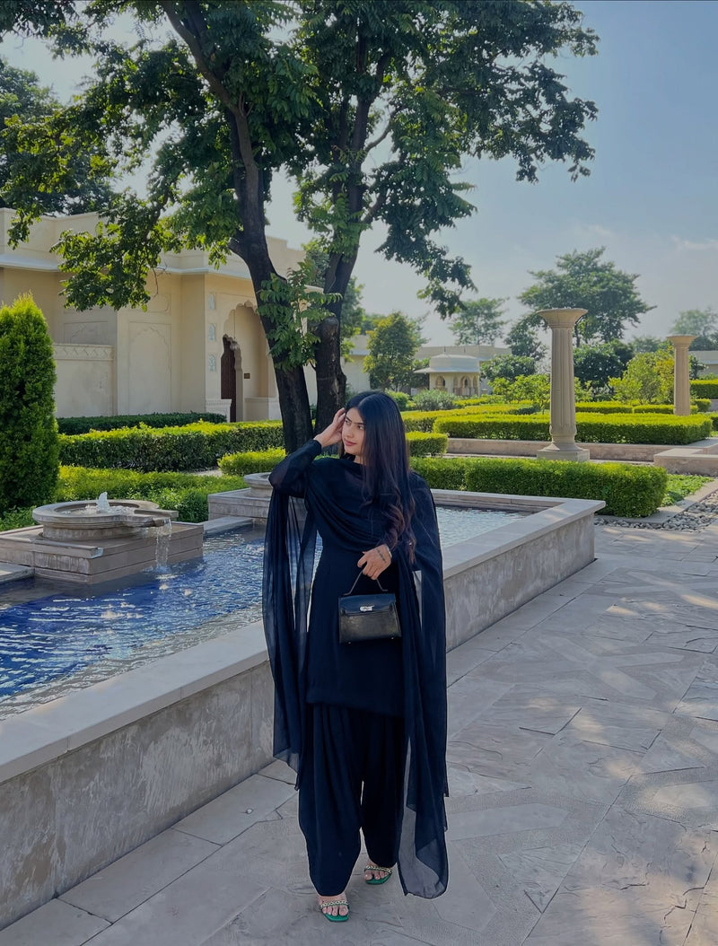 "TAMASI" – Classic Black Georgette Kurta, Churidar, & Dupatta Set
