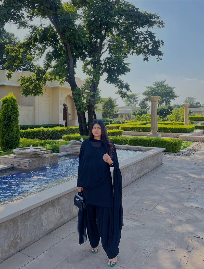 "TAMASI" – Classic Black Georgette Kurta, Churidar, & Dupatta Set