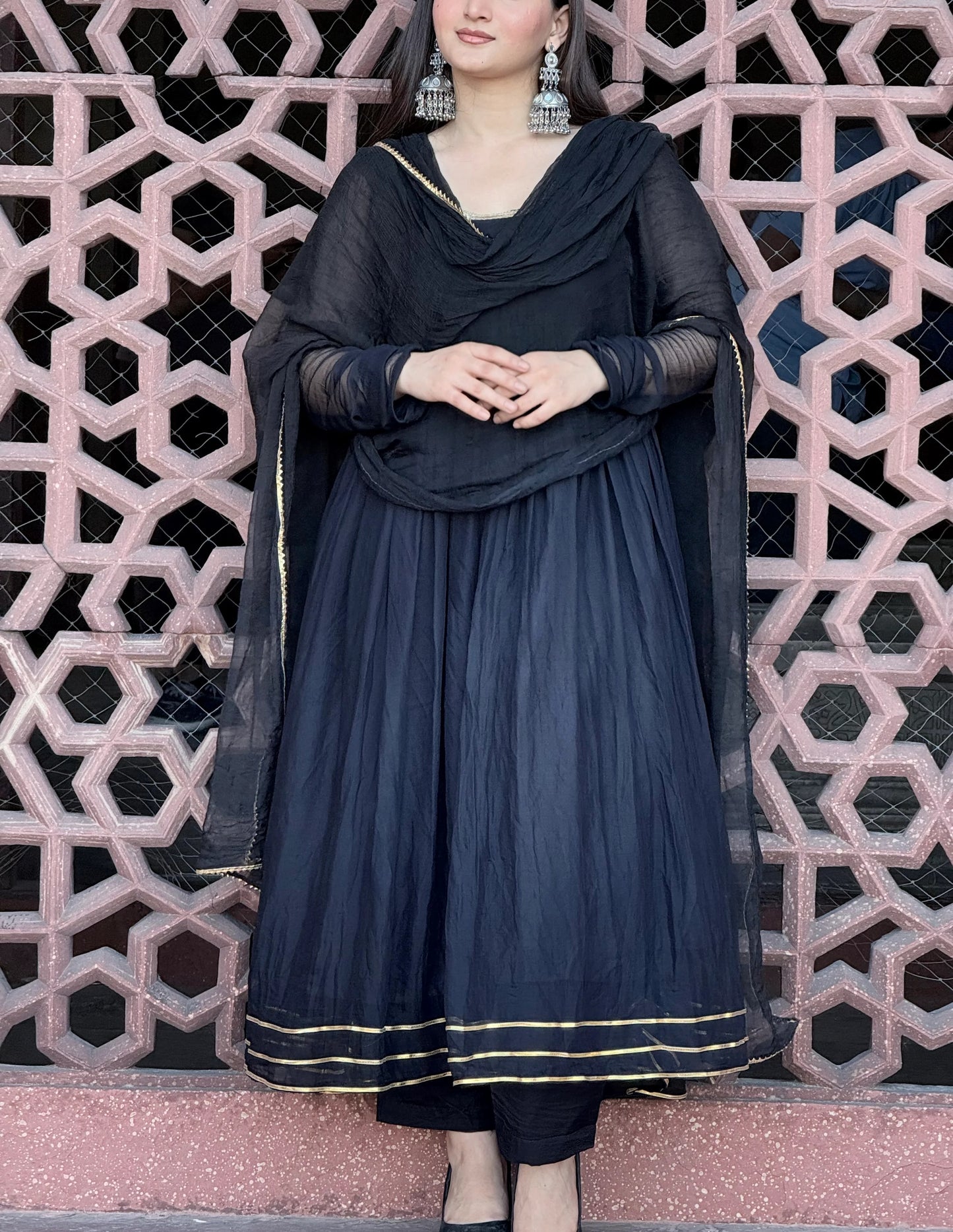 "Maya" - Captivating Black Chiffon Anarkali Suit Set with Gold Accents