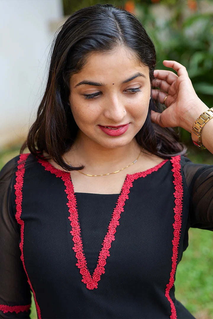 "Nidra" - Jet Black Premium Georgette Suit Set with Ruby Red Lace